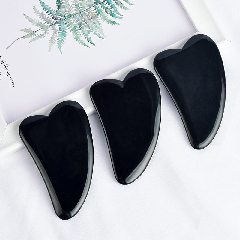 V- Shaped Natural Black Obsidian Stone Scraping Board Massager,Anti Aging Gua Sha Board Massage,for Facial Body SPA Skin Detox Foot Treatments