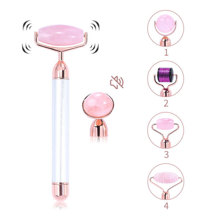 Newest Head Replaceable Rose Quartz Roller Electric Derma Face Roller Set Rechargeable Metal Facial Roller Wholesale Beauty Tool (set)